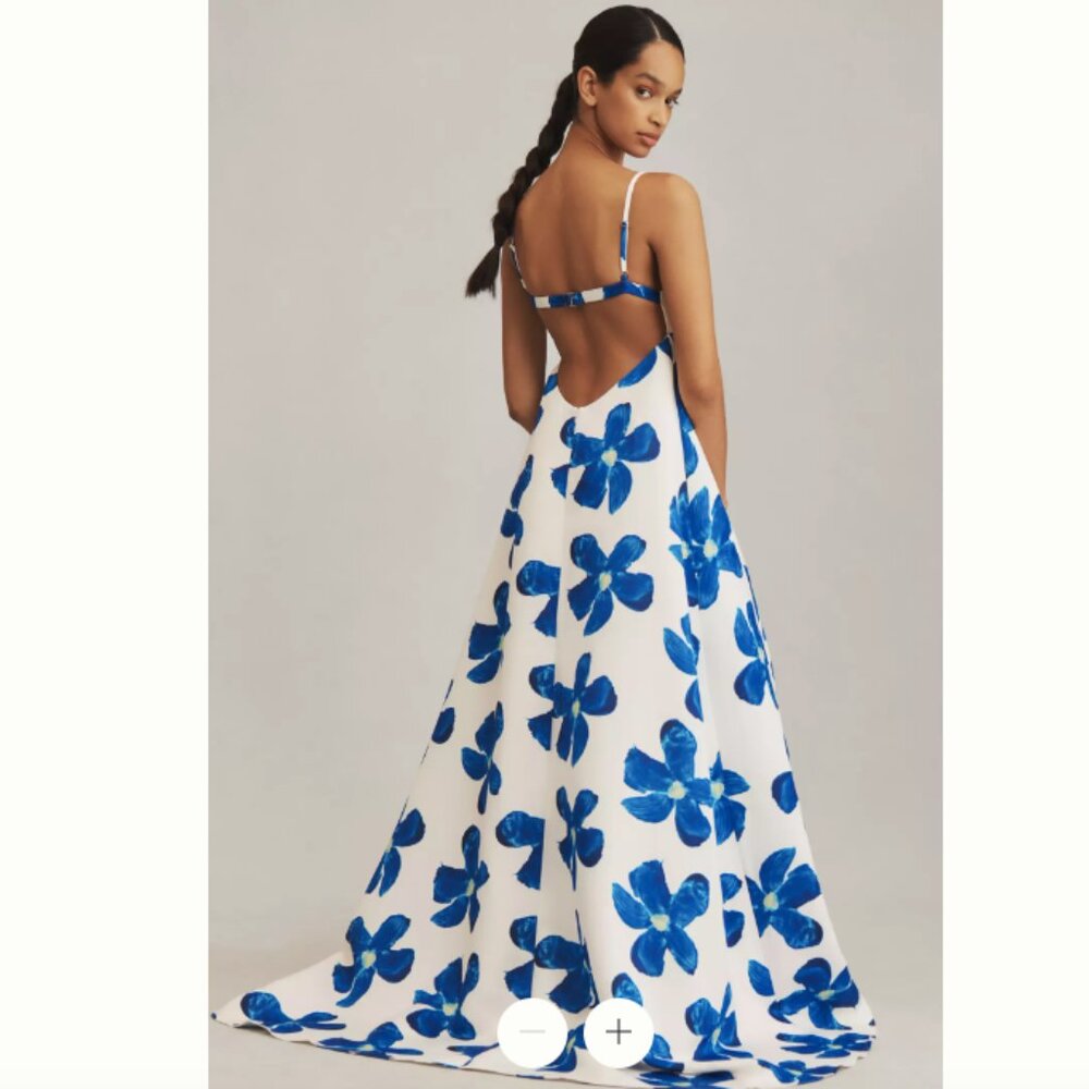 SAU LEE Lucia Floral Print Square-Neck Satin Maxi Dress NWT 0 ANTHROPOLOGIE Blue
